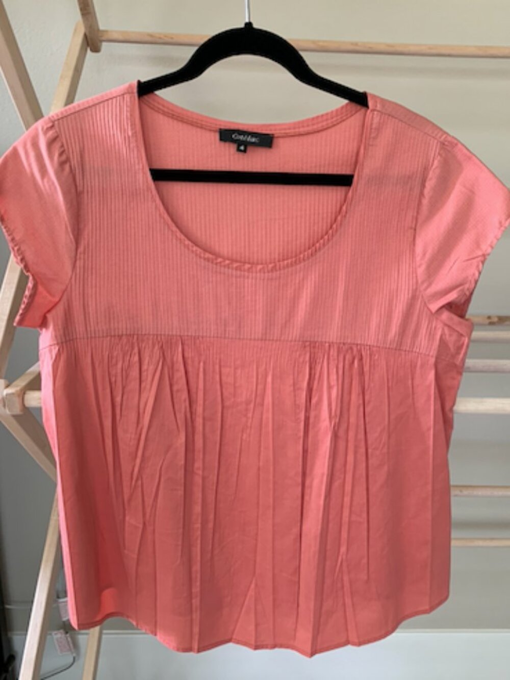 Cotélac French Designer Coral Pink Ribbed Yoke Pleated Blouse Cap Sleeve Size 4